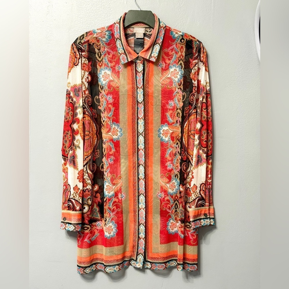 #5)  Multi Color Chico's Red and Orange Sheer Paisley Button Down Shirt
